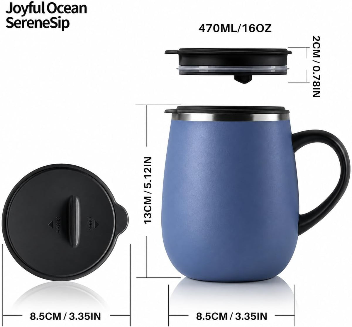 SereneSip 16oz Insulated Coffee Mug with Sliding Lid | Vacuum Sealed Stainless Steel Tumbler | BPA-Free, No Sweat Office Cup (Speckled Blue)