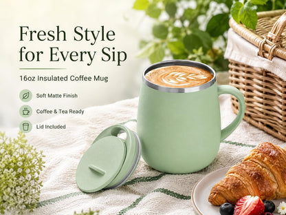 SereneSip 16oz Insulated Coffee Mug with Sliding Lid | Vacuum Sealed Stainless Steel Tumbler | BPA-Free, No Sweat Office Cup (Speckled Blue)