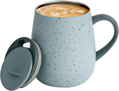 SereneSip 16oz Insulated Coffee Mug with Sliding Lid | Vacuum Sealed Stainless Steel Tumbler | BPA-Free, No Sweat Office Cup (Speckled Blue)