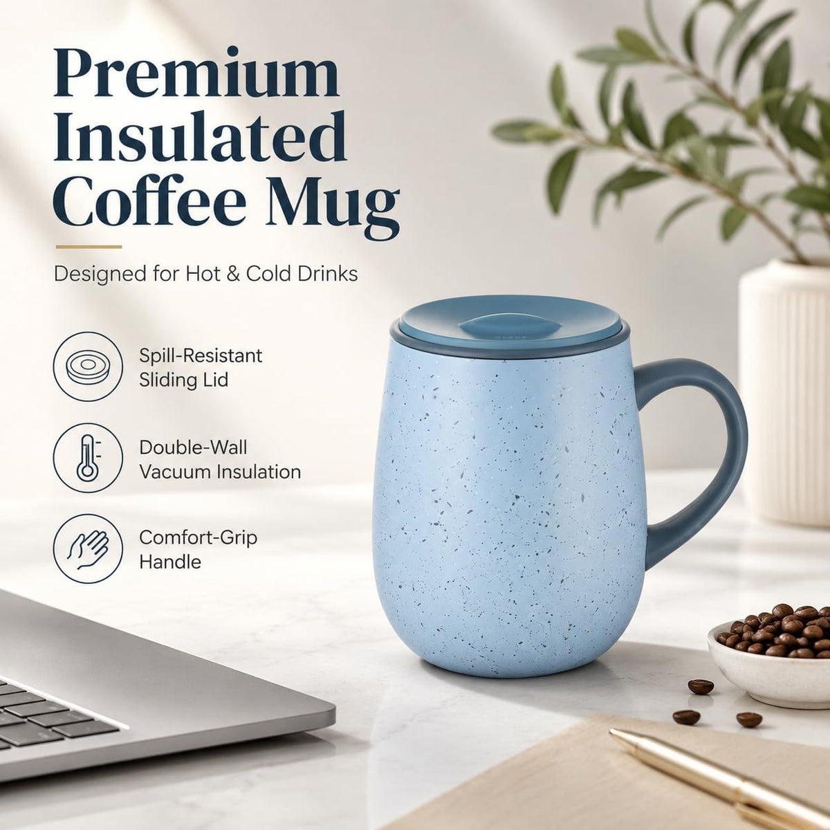 SereneSip 16oz Insulated Coffee Mug with Sliding Lid | Vacuum Sealed Stainless Steel Tumbler | BPA-Free, No Sweat Office Cup (Speckled Blue)