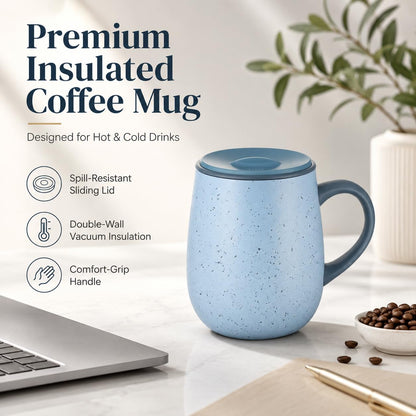 SereneSip 16oz Insulated Coffee Mug with Sliding Lid | Vacuum Sealed Stainless Steel Tumbler | BPA-Free, No Sweat Office Cup (Speckled Blue)