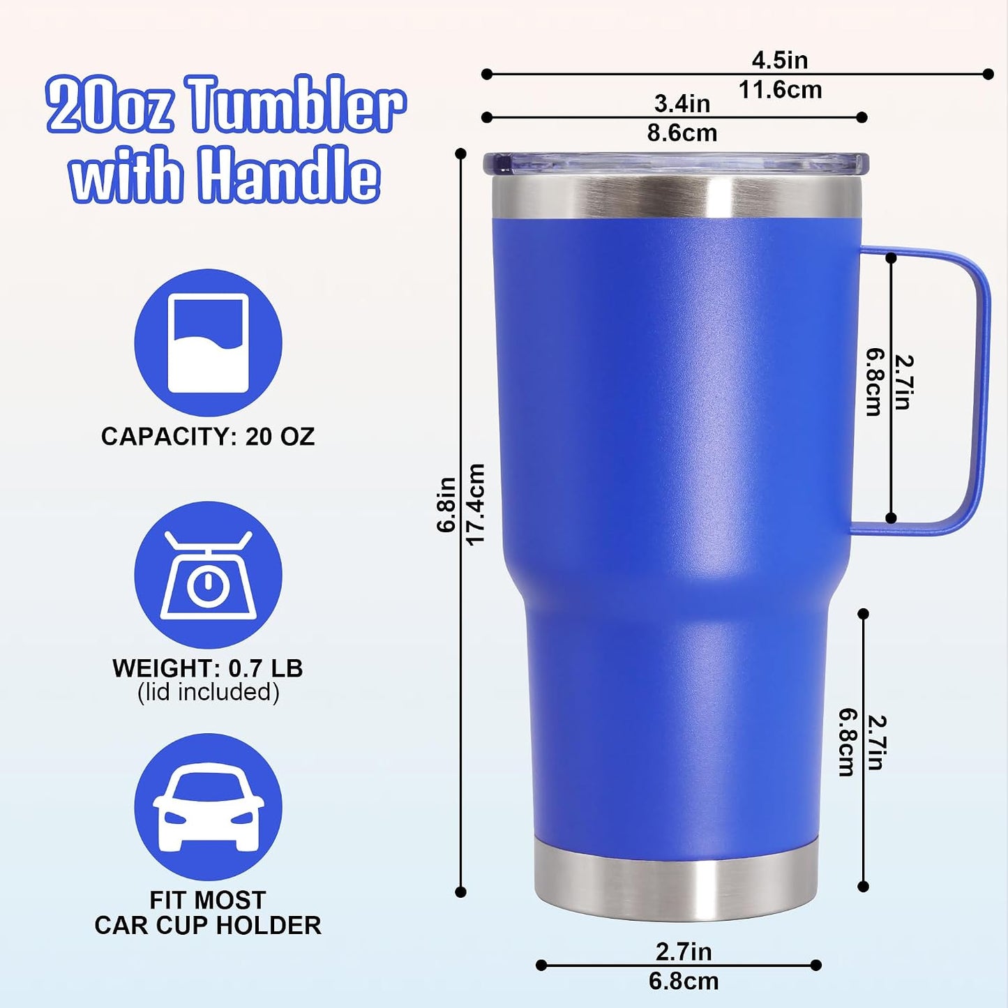 20 oz Tumbler with Handle and Lid Insulated Travel Coffee Mug LightBlue 1P | Stainless Steel Tumbler, coffee tumbler with handle,Spill Proof Double Wall Vacuum Tumbler Cup Keep Drink Hot & Cold