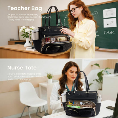 Insulated Lunch Tote Bag for Women, Work Bag for Women with Cup Holder, Large Capacity Teacher Bag with Laptop Compartment, Water Resistant Nurse Tote for Travel, College, 15.6 Inch Black