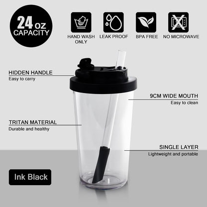 Reusable Boba Cup - 24oz Tritan Boba tumbler with Lid and Straw, BPA Free Leakproof Bubble/Boba Tea Cup with Carry Handle for Ice Coffee Smoothies - Black