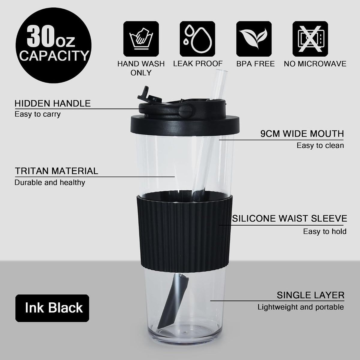 Reusable Boba Cup - 24oz Tritan Boba tumbler with Lid and Straw, BPA Free Leakproof Bubble/Boba Tea Cup with Carry Handle for Ice Coffee Smoothies - Black