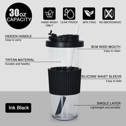 Reusable Boba Cup - 24oz Tritan Boba tumbler with Lid and Straw, BPA Free Leakproof Bubble/Boba Tea Cup with Carry Handle for Ice Coffee Smoothies - Black