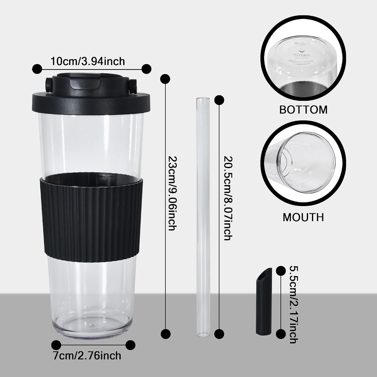 Reusable Boba Cup - 24oz Tritan Boba tumbler with Lid and Straw, BPA Free Leakproof Bubble/Boba Tea Cup with Carry Handle for Ice Coffee Smoothies - Black