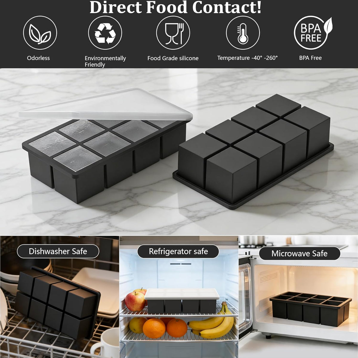 Large Ice Cube Tray for Whiskey,2 Pack,16 Slow-melting 2"Square Cubes