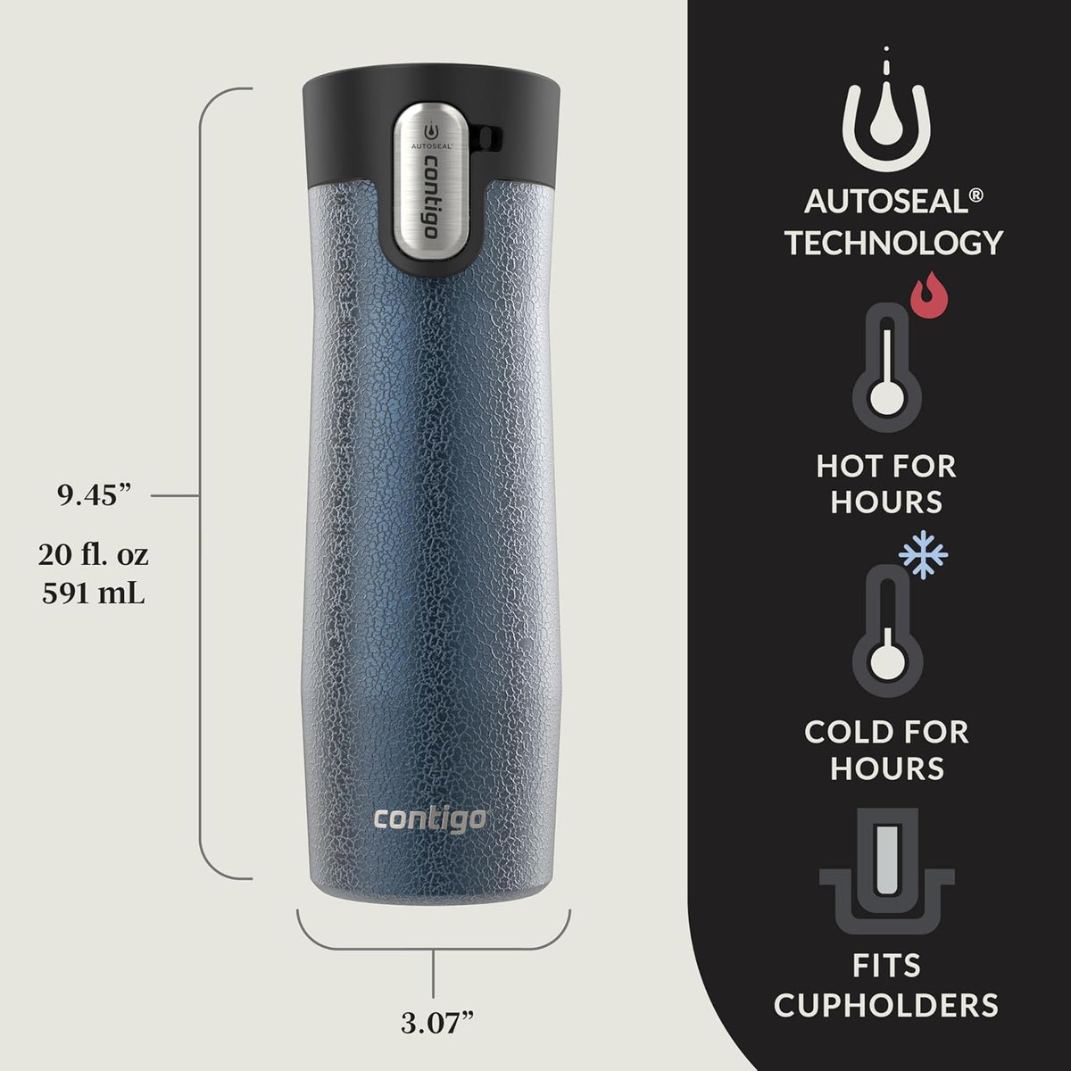 AUTOSEAL West Loop Vacuum-Insulated Stainless Steel Travel Mug with Easy-Clean Lid, 12oz, Glacier Frosted Pearl