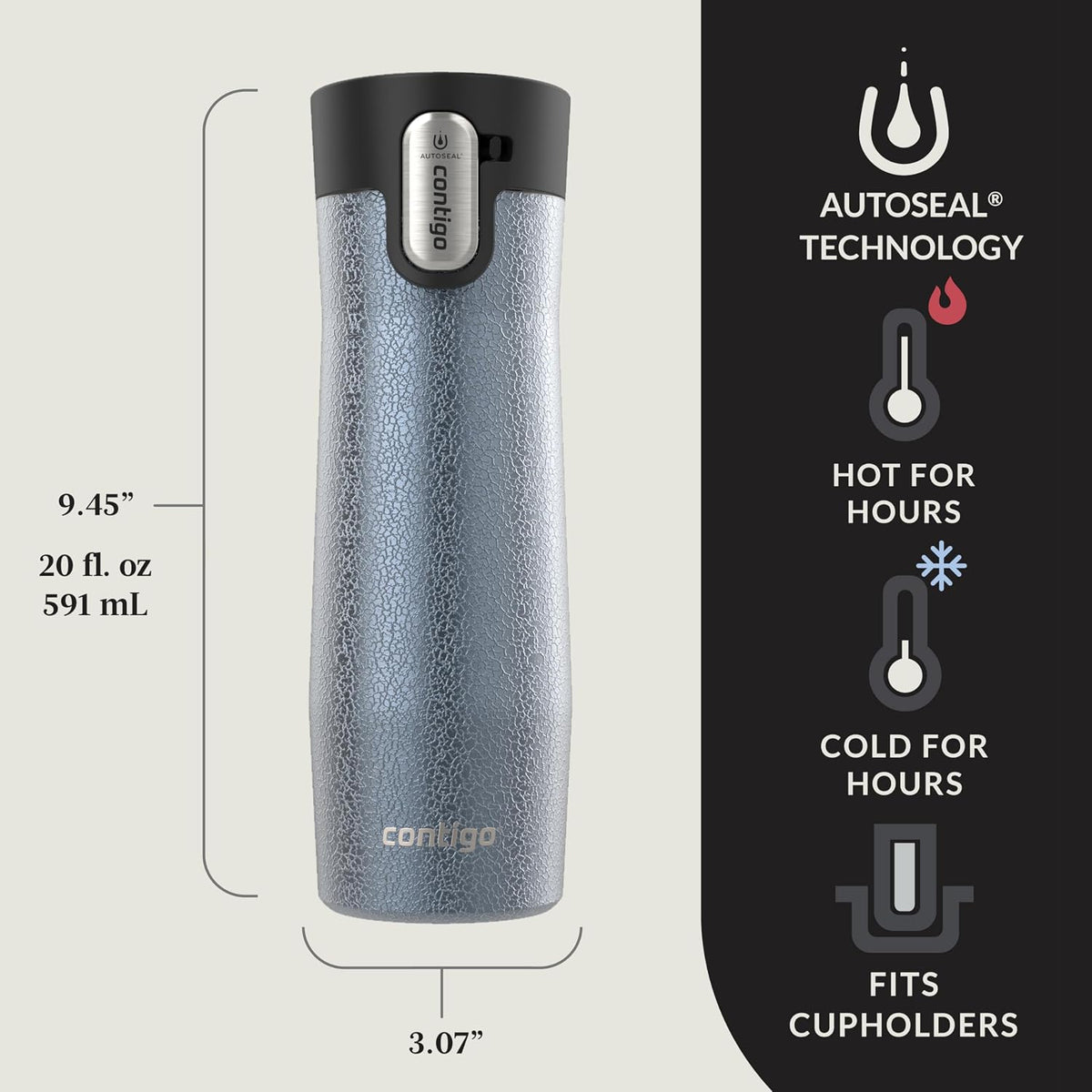 AUTOSEAL West Loop Vacuum-Insulated Stainless Steel Travel Mug with Easy-Clean Lid, 12oz, Glacier Frosted Pearl