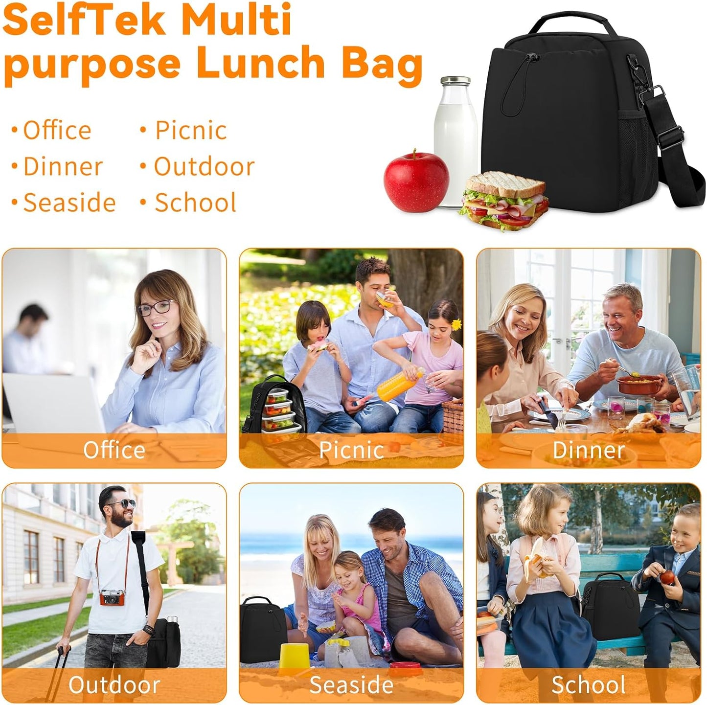 Insulated Lunch Bag for Man & Women with Adjustable Shoulder Strap - Compatible with 30/40 OZ Stanley Cups, Leakproof Cooler Lunch Tote Bag for Office, Work, Travel, Picnic (Black)