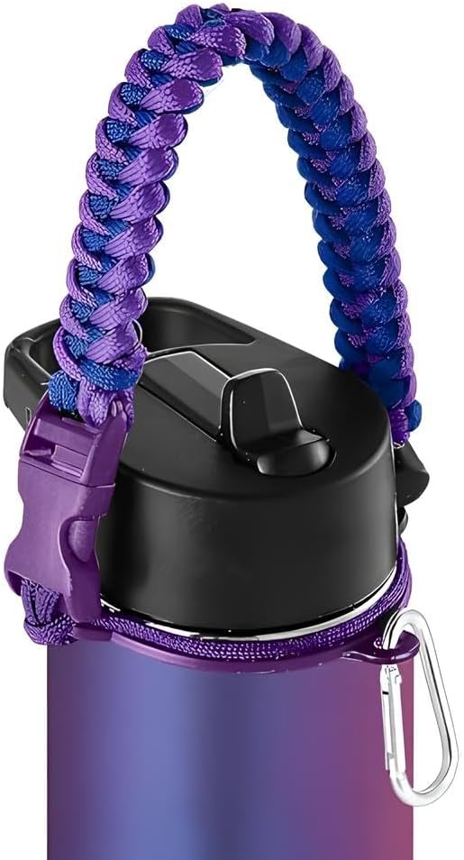 Paracord Handle - Fits Wide Mouth Water Bottles - Durable Carrier, Secure Accessories, Survival Strap Cord, Safety Ring, and Carabiner - Seven Core Paracord Bracelet