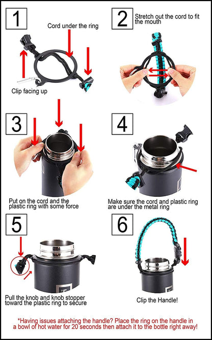 Paracord Handle - Fits Wide Mouth Water Bottles - Durable Carrier, Secure Accessories, Survival Strap Cord, Safety Ring, and Carabiner - Seven Core Paracord Bracelet