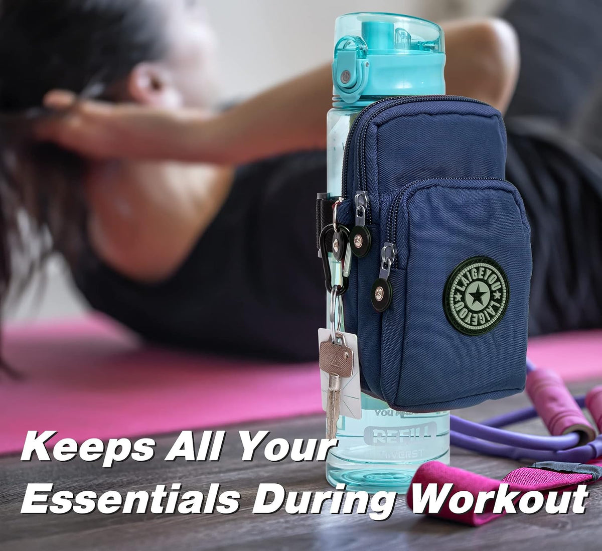 Gym Water Caddy with Phone Holder, Water Bottle Sleeve Bag with Pocket for Cards, Keys, Wallet, Gym Bottle Accessories for Men Women