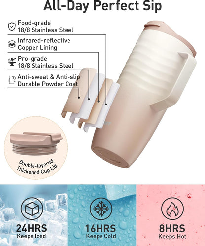 16 oz Insulated Travel Coffee Mug Stainless Steel Tumbler, Khaki