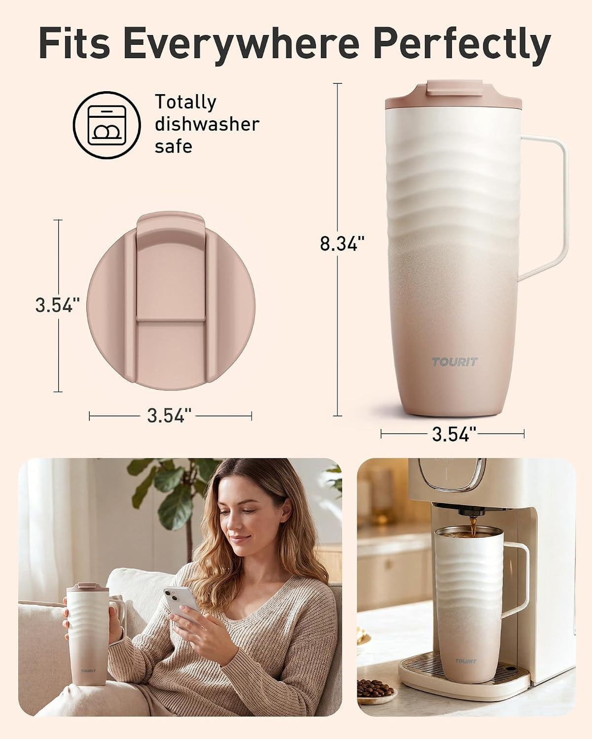 16 oz Insulated Travel Coffee Mug Stainless Steel Tumbler, Khaki