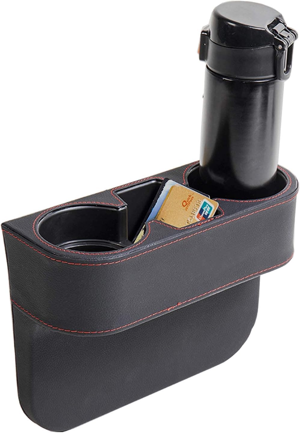 Car Console Side Seat Gap Organizer with Cup Holder, Black | Front Seat Organizer, Console Side Pocket, Cell Phone Holder, Coin Bucket, Car Storage Box, Universal Fits, Easy Installation