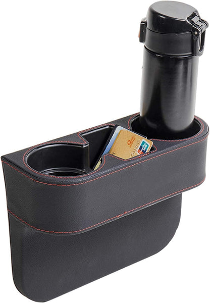 Car Console Side Seat Gap Organizer with Cup Holder, Black | Front Seat Organizer, Console Side Pocket, Cell Phone Holder, Coin Bucket, Car Storage Box, Universal Fits, Easy Installation