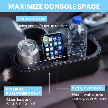 Car Console Side Seat Gap Organizer with Cup Holder, Black | Front Seat Organizer, Console Side Pocket, Cell Phone Holder, Coin Bucket, Car Storage Box, Universal Fits, Easy Installation