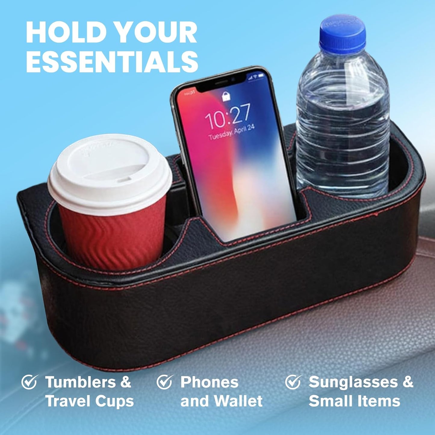 Car Console Side Seat Gap Organizer with Cup Holder, Black | Front Seat Organizer, Console Side Pocket, Cell Phone Holder, Coin Bucket, Car Storage Box, Universal Fits, Easy Installation