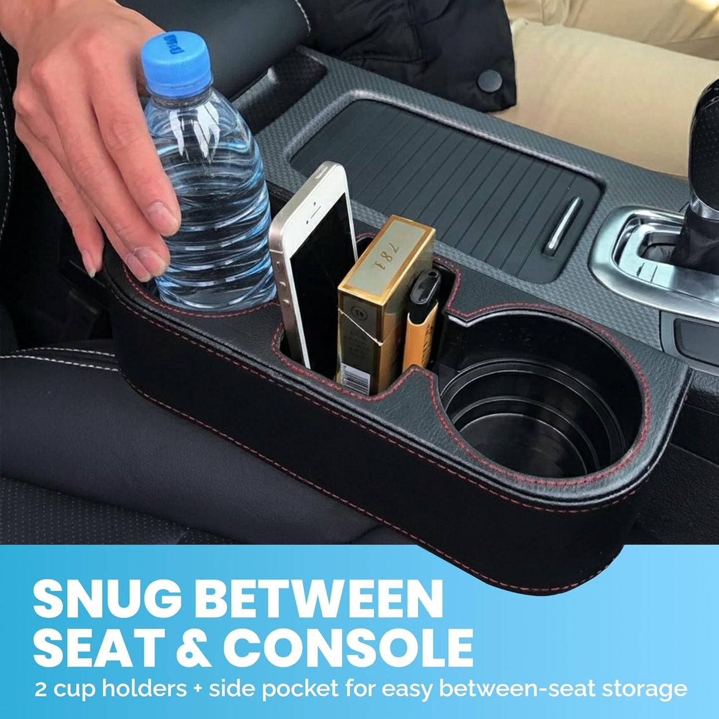 Car Console Side Seat Gap Organizer with Cup Holder, Black | Front Seat Organizer, Console Side Pocket, Cell Phone Holder, Coin Bucket, Car Storage Box, Universal Fits, Easy Installation