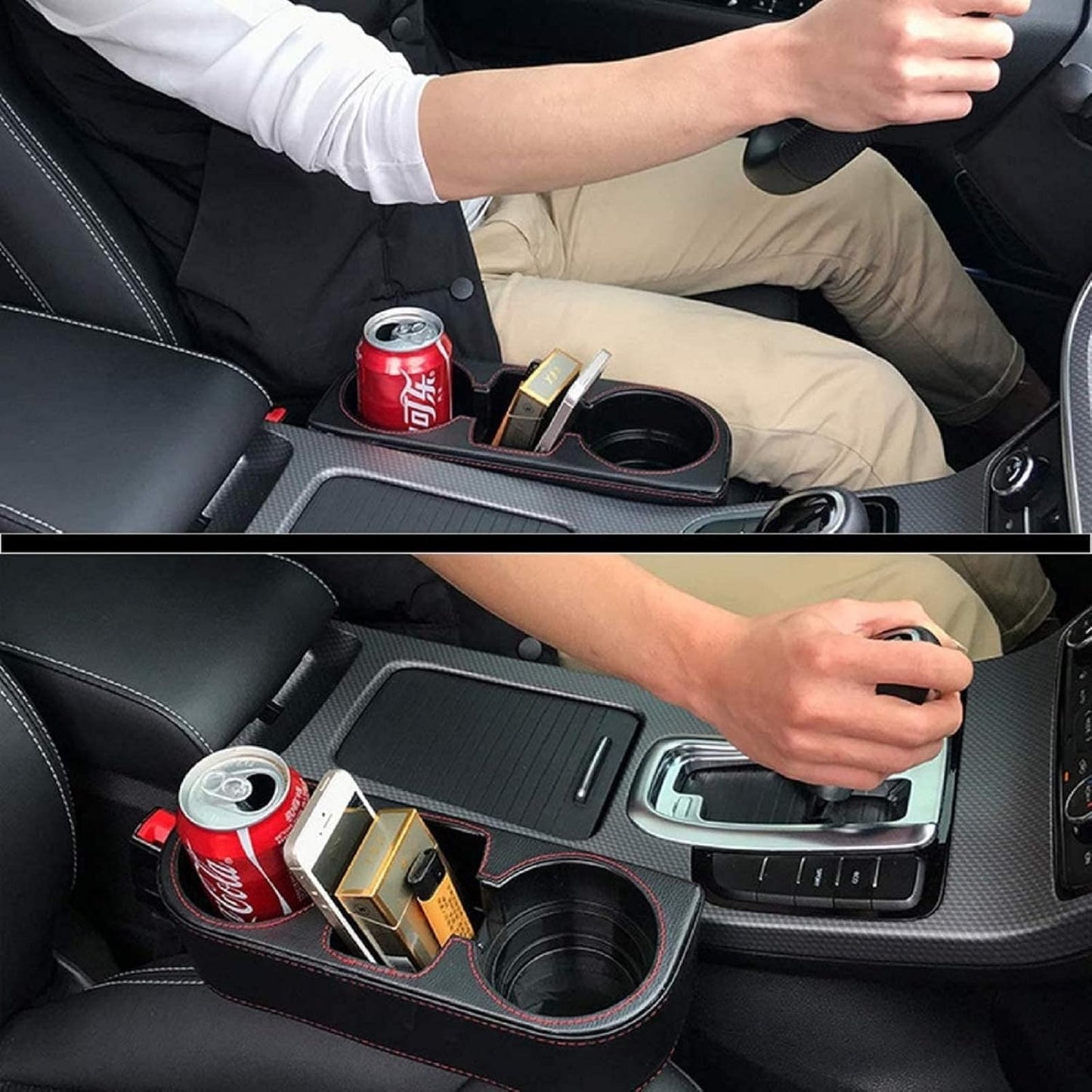 Car Console Side Seat Gap Organizer with Cup Holder, Black | Front Seat Organizer, Console Side Pocket, Cell Phone Holder, Coin Bucket, Car Storage Box, Universal Fits, Easy Installation