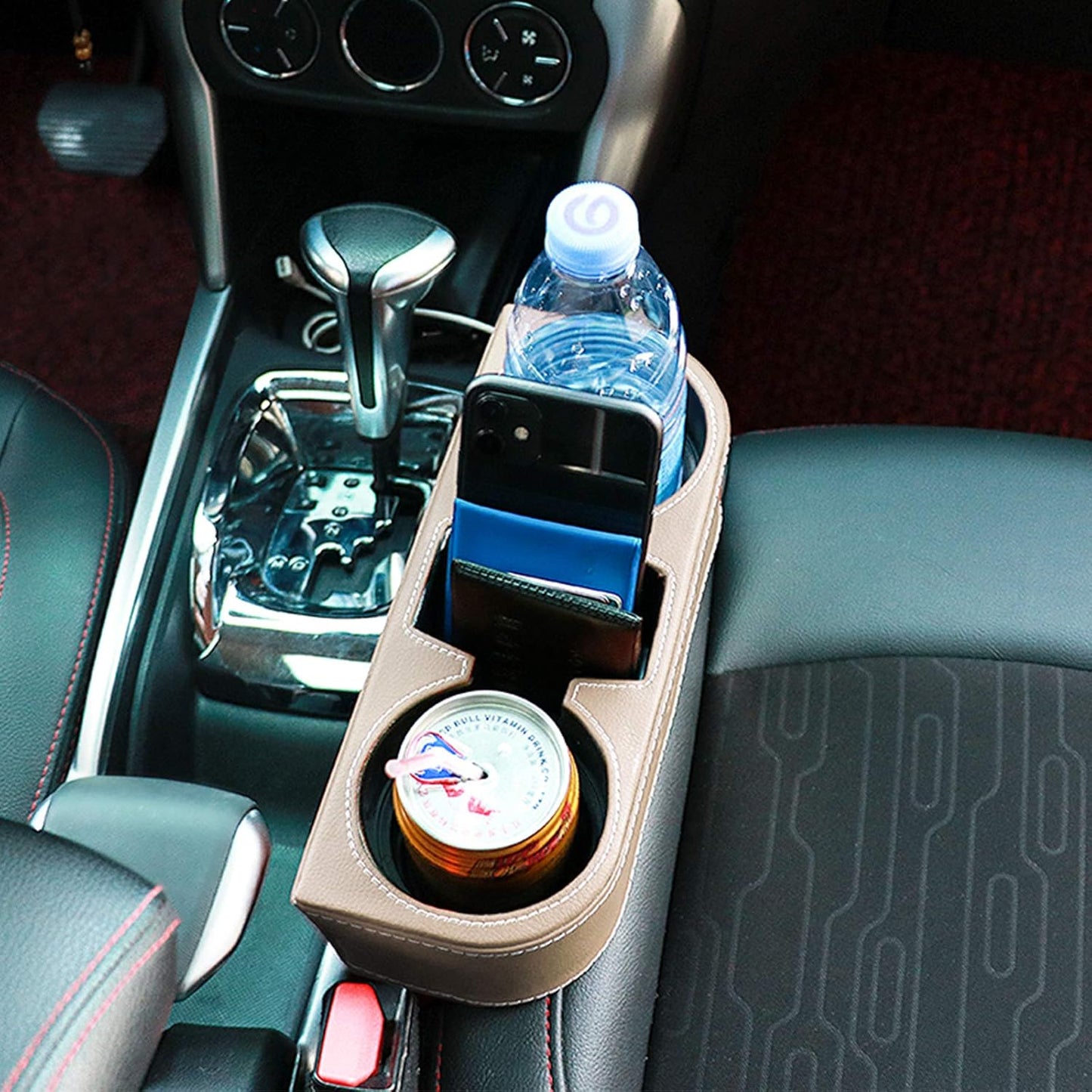 Car Console Side Seat Gap Organizer with Cup Holder, Black | Front Seat Organizer, Console Side Pocket, Cell Phone Holder, Coin Bucket, Car Storage Box, Universal Fits, Easy Installation