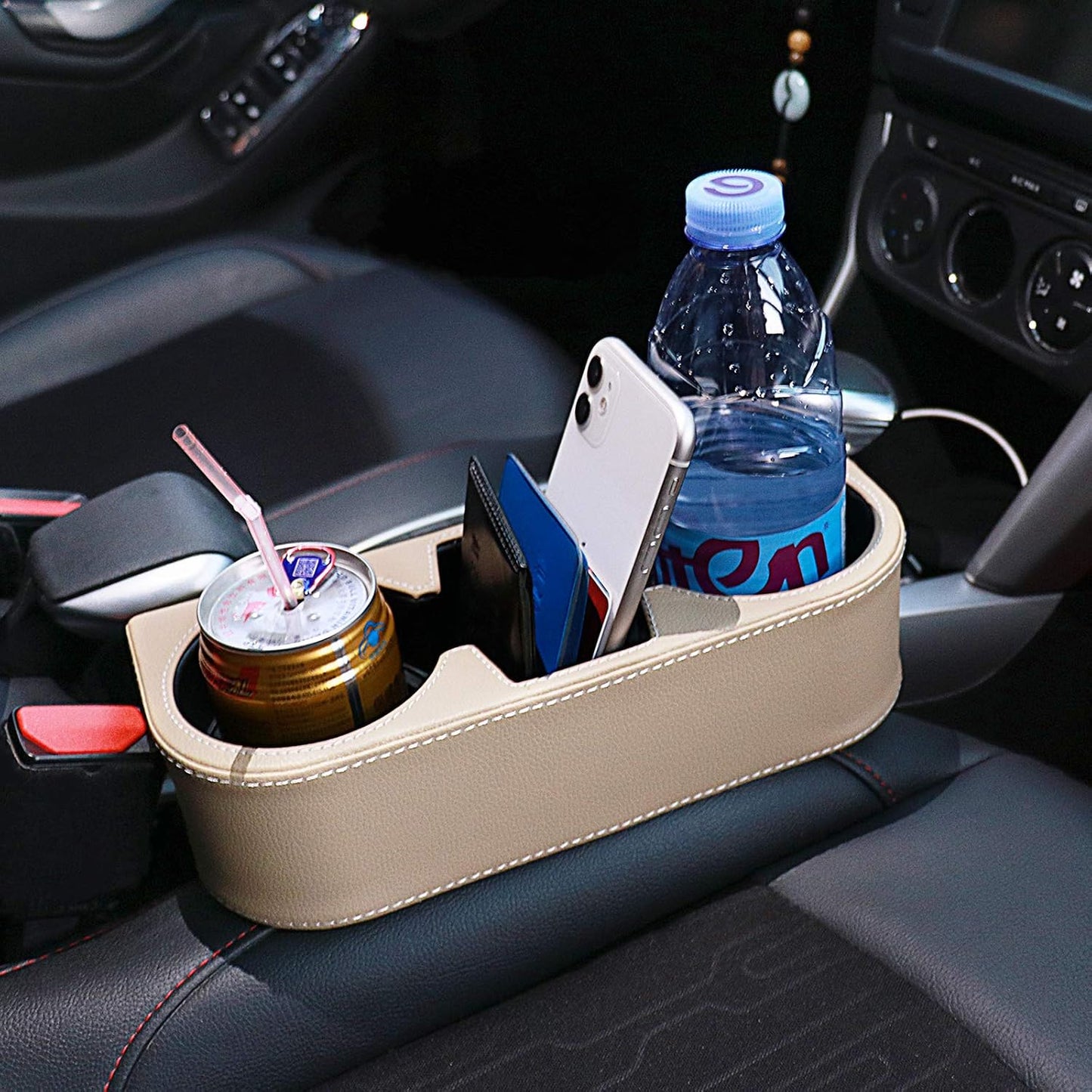 Car Console Side Seat Gap Organizer with Cup Holder, Black | Front Seat Organizer, Console Side Pocket, Cell Phone Holder, Coin Bucket, Car Storage Box, Universal Fits, Easy Installation
