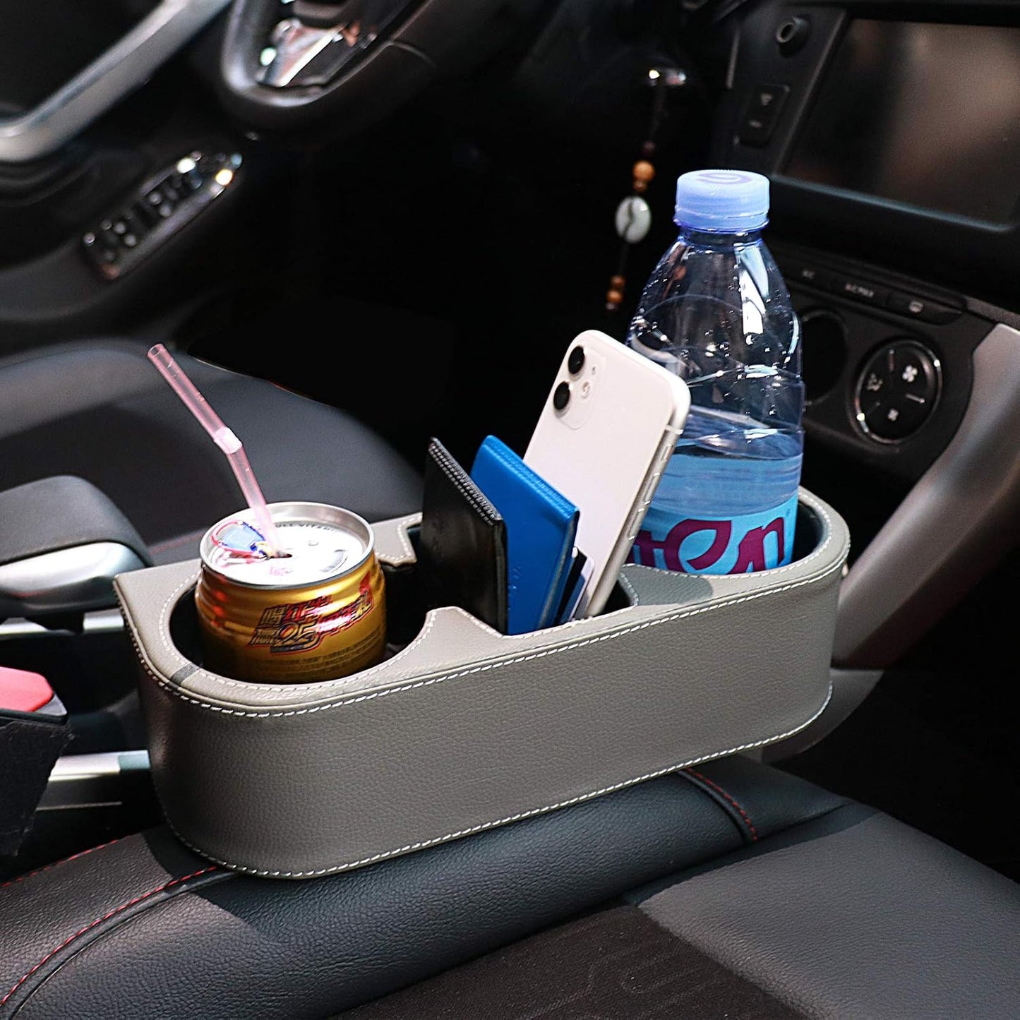 Car Console Side Seat Gap Organizer with Cup Holder, Black | Front Seat Organizer, Console Side Pocket, Cell Phone Holder, Coin Bucket, Car Storage Box, Universal Fits, Easy Installation