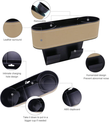 Car Console Side Seat Gap Organizer with Cup Holder, Black | Front Seat Organizer, Console Side Pocket, Cell Phone Holder, Coin Bucket, Car Storage Box, Universal Fits, Easy Installation
