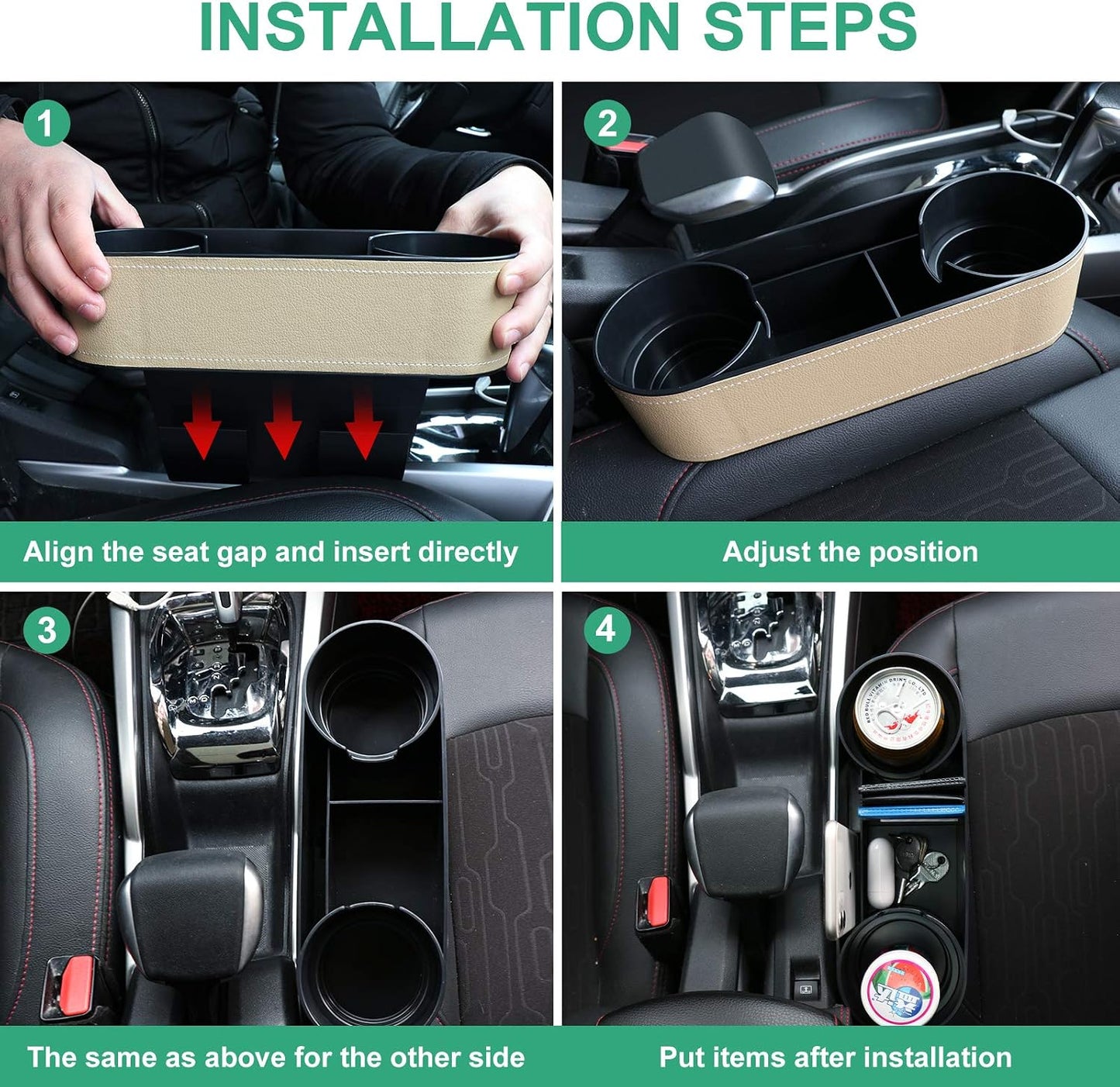 Car Console Side Seat Gap Organizer with Cup Holder, Black | Front Seat Organizer, Console Side Pocket, Cell Phone Holder, Coin Bucket, Car Storage Box, Universal Fits, Easy Installation