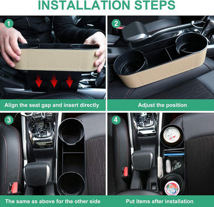 Car Console Side Seat Gap Organizer with Cup Holder, Black | Front Seat Organizer, Console Side Pocket, Cell Phone Holder, Coin Bucket, Car Storage Box, Universal Fits, Easy Installation