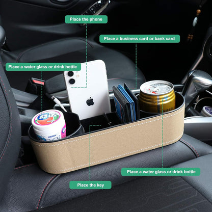 Car Console Side Seat Gap Organizer with Cup Holder, Black | Front Seat Organizer, Console Side Pocket, Cell Phone Holder, Coin Bucket, Car Storage Box, Universal Fits, Easy Installation