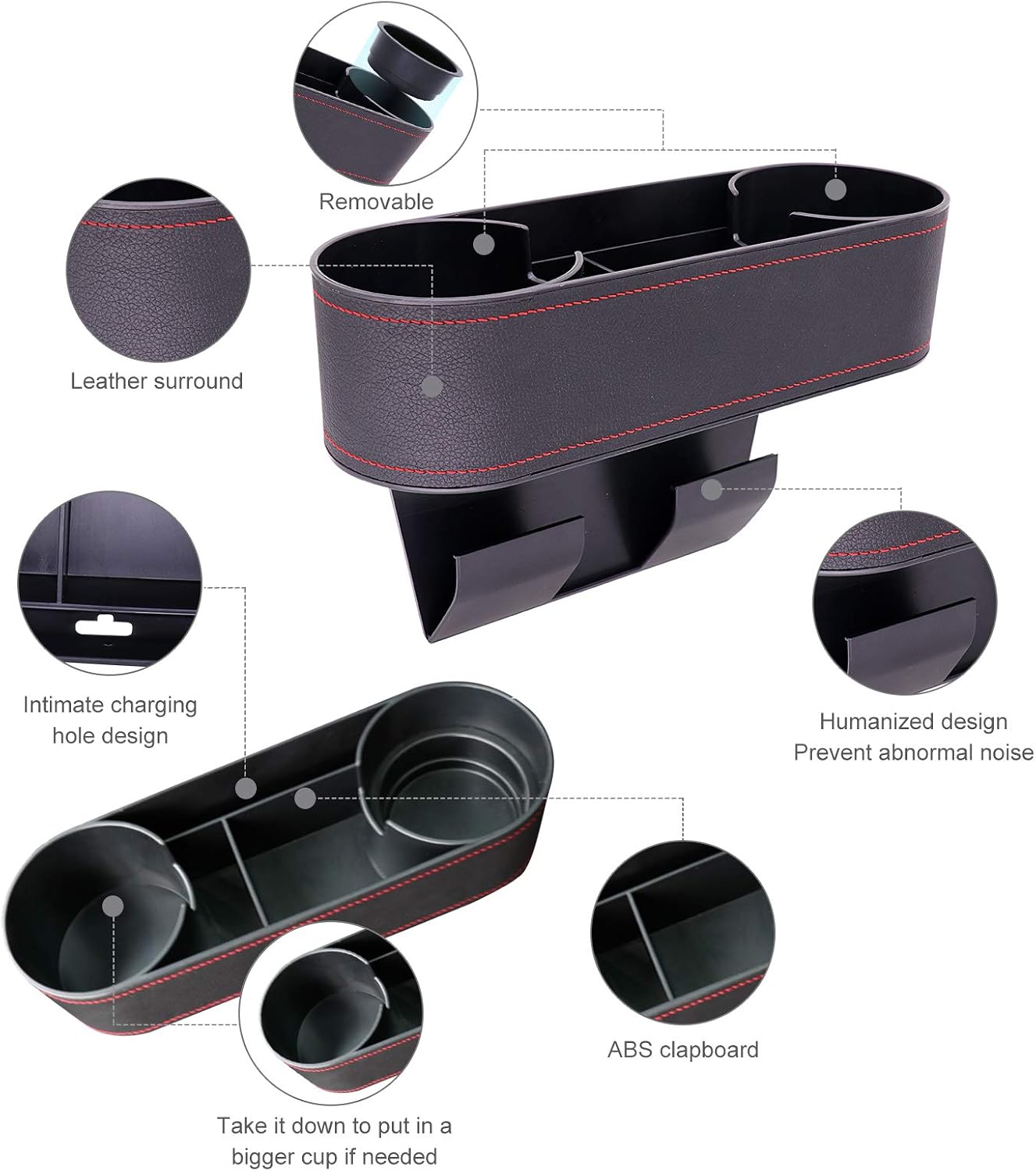Car Console Side Seat Gap Organizer with Cup Holder, Black | Front Seat Organizer, Console Side Pocket, Cell Phone Holder, Coin Bucket, Car Storage Box, Universal Fits, Easy Installation