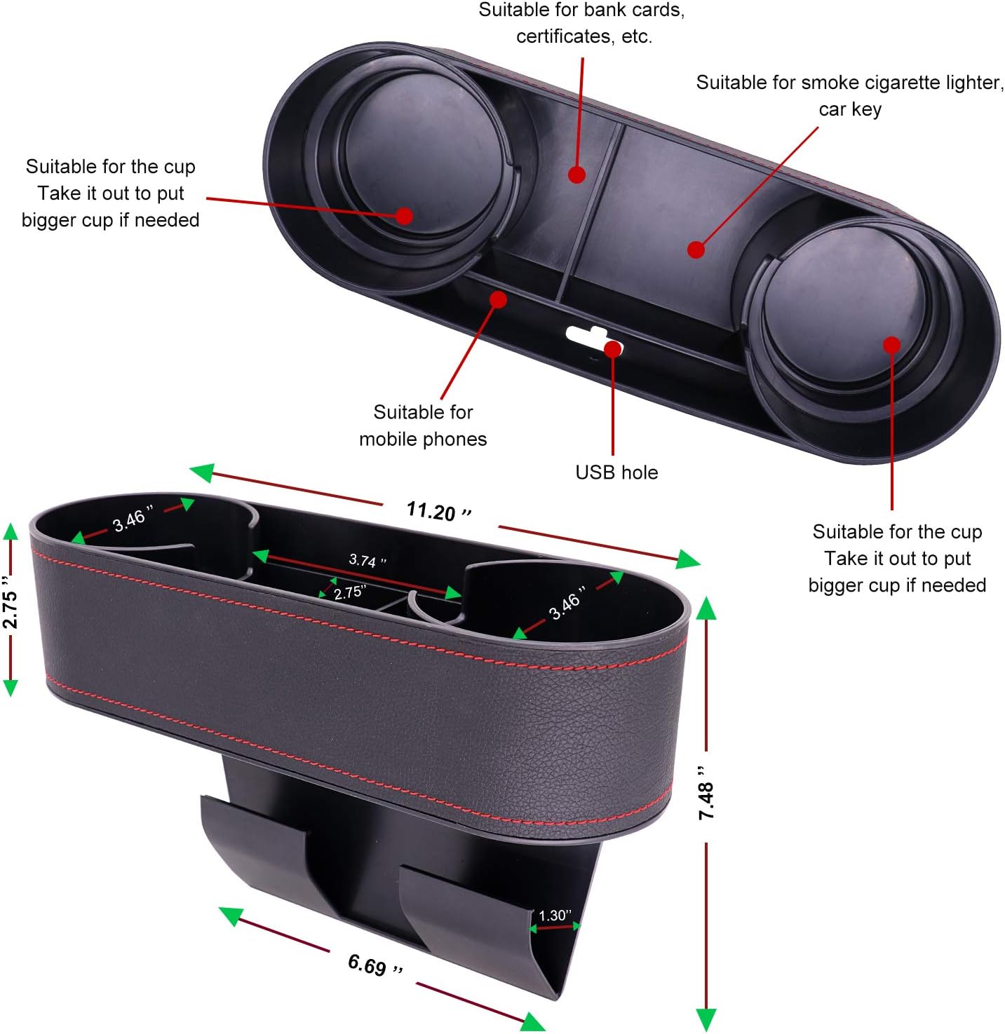 Car Console Side Seat Gap Organizer with Cup Holder, Black | Front Seat Organizer, Console Side Pocket, Cell Phone Holder, Coin Bucket, Car Storage Box, Universal Fits, Easy Installation