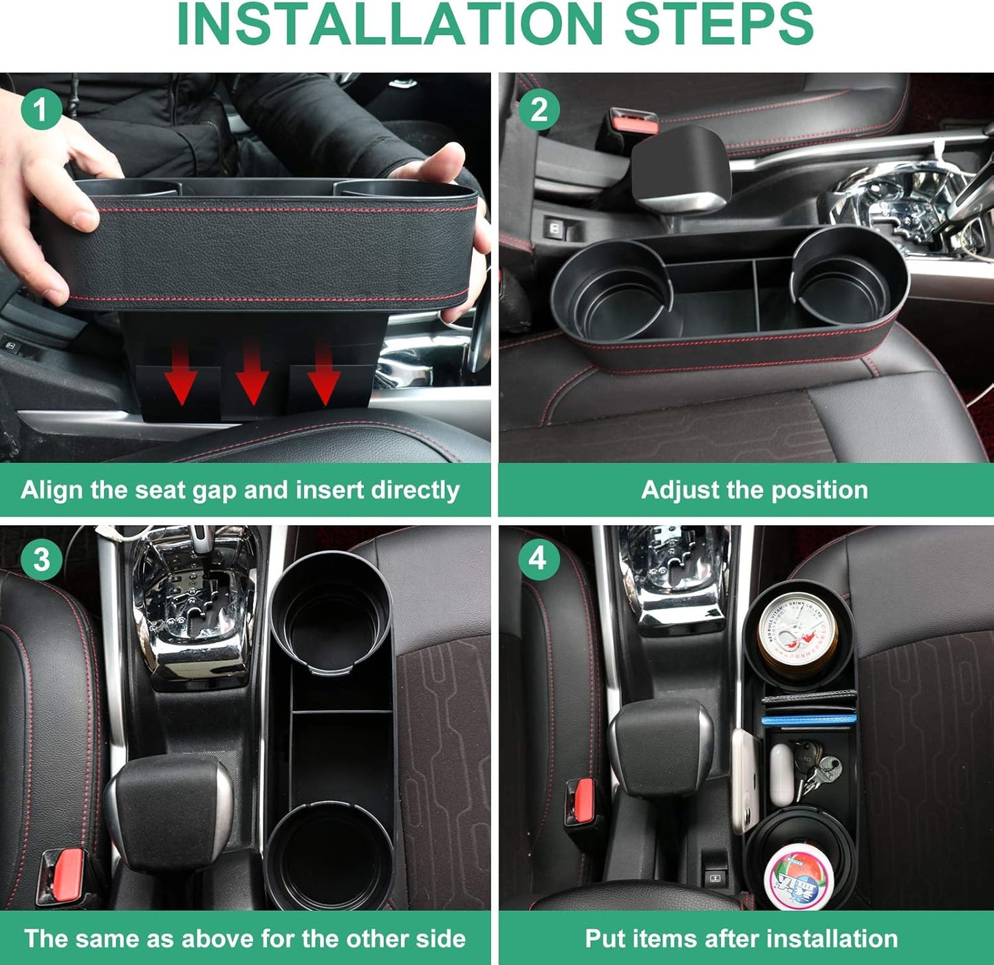 Car Console Side Seat Gap Organizer with Cup Holder, Black | Front Seat Organizer, Console Side Pocket, Cell Phone Holder, Coin Bucket, Car Storage Box, Universal Fits, Easy Installation