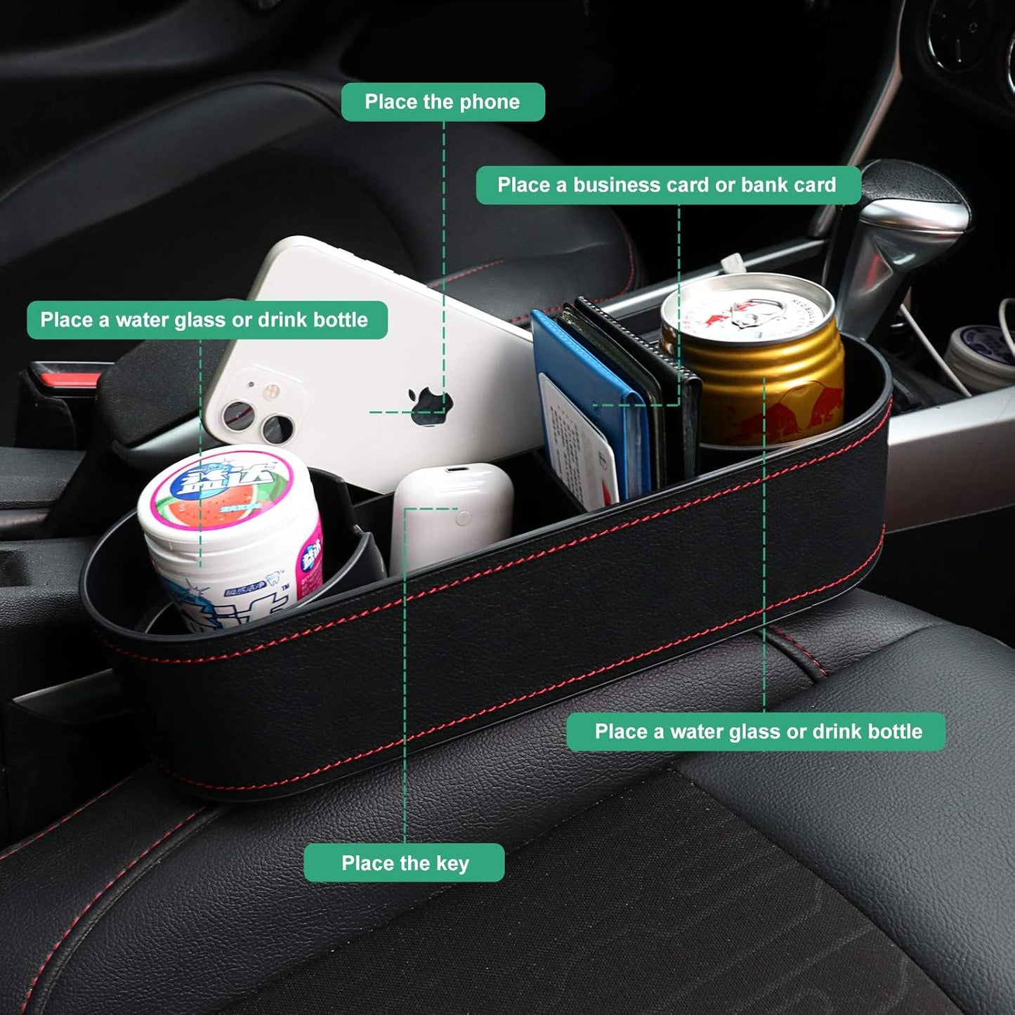 Car Console Side Seat Gap Organizer with Cup Holder, Black | Front Seat Organizer, Console Side Pocket, Cell Phone Holder, Coin Bucket, Car Storage Box, Universal Fits, Easy Installation