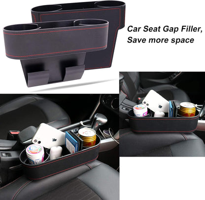 Car Console Side Seat Gap Organizer with Cup Holder, Black | Front Seat Organizer, Console Side Pocket, Cell Phone Holder, Coin Bucket, Car Storage Box, Universal Fits, Easy Installation