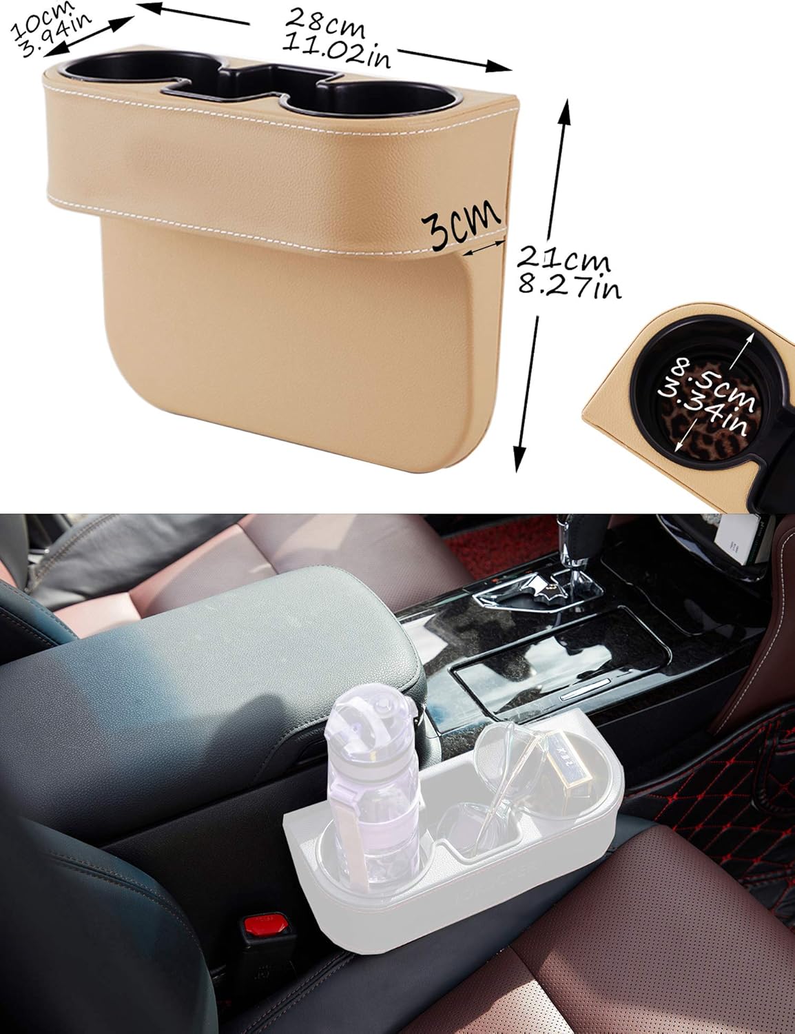 Car Console Side Seat Gap Organizer with Cup Holder, Black | Front Seat Organizer, Console Side Pocket, Cell Phone Holder, Coin Bucket, Car Storage Box, Universal Fits, Easy Installation