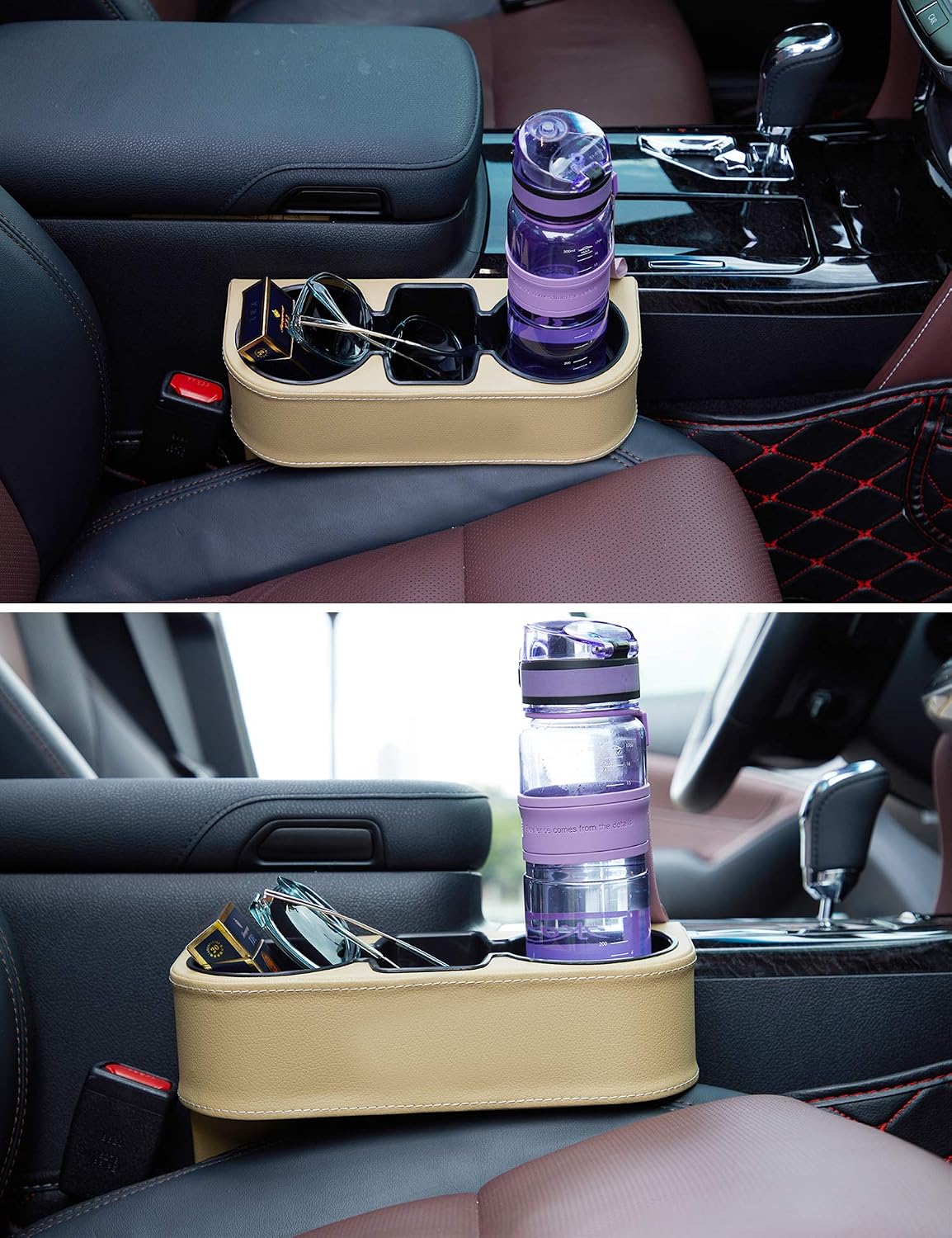 Car Console Side Seat Gap Organizer with Cup Holder, Black | Front Seat Organizer, Console Side Pocket, Cell Phone Holder, Coin Bucket, Car Storage Box, Universal Fits, Easy Installation