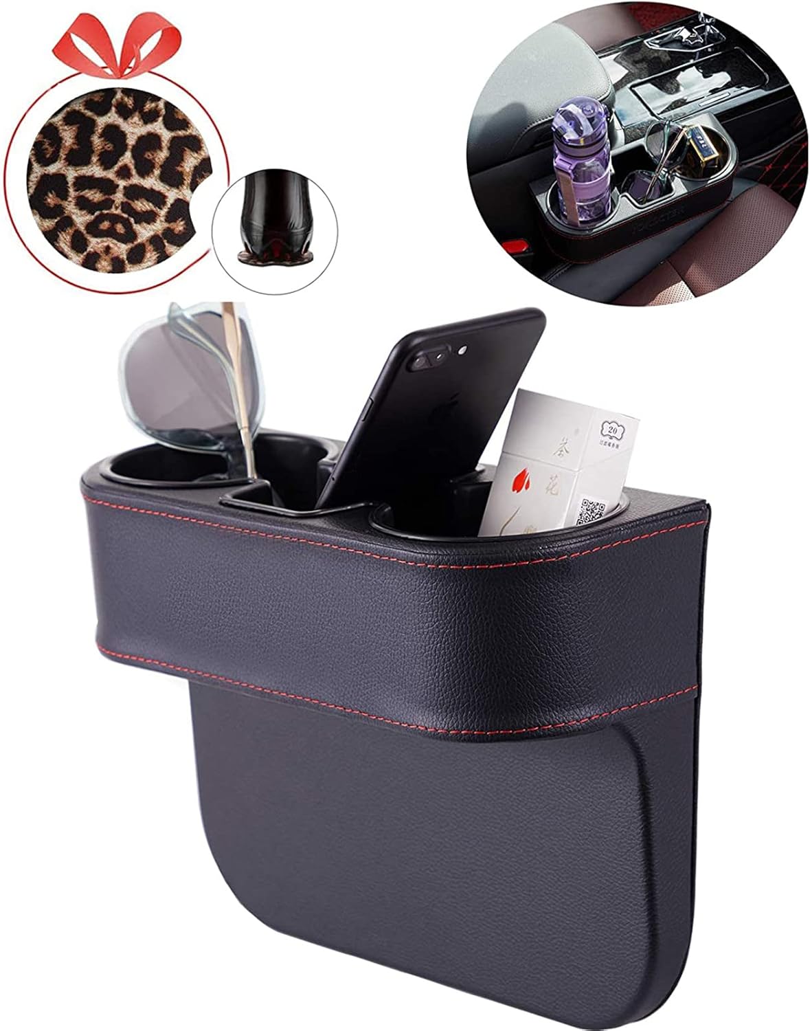 Car Console Side Seat Gap Organizer with Cup Holder, Black | Front Seat Organizer, Console Side Pocket, Cell Phone Holder, Coin Bucket, Car Storage Box, Universal Fits, Easy Installation