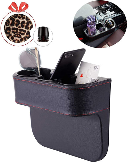 Car Console Side Seat Gap Organizer with Cup Holder, Black | Front Seat Organizer, Console Side Pocket, Cell Phone Holder, Coin Bucket, Car Storage Box, Universal Fits, Easy Installation