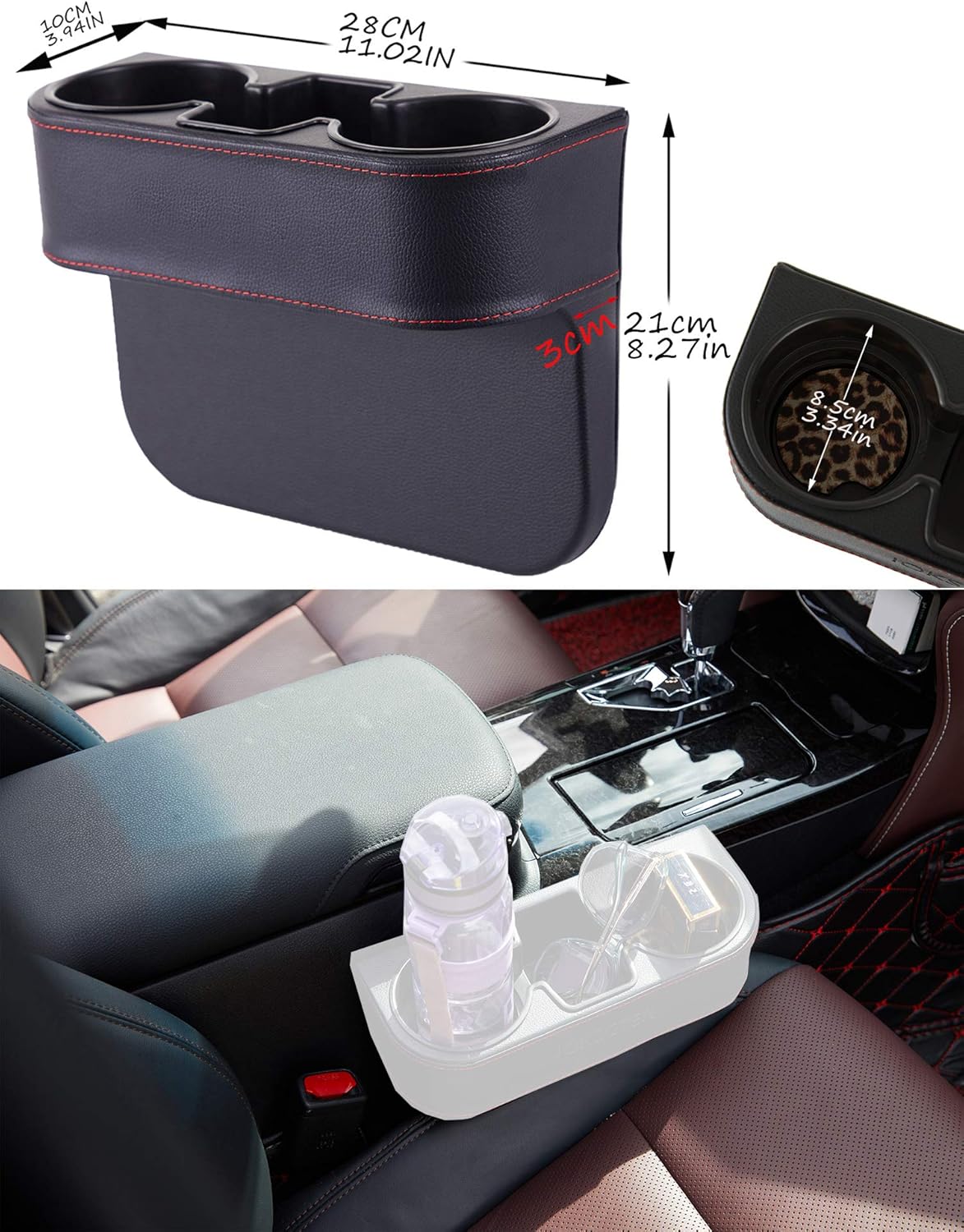 Car Console Side Seat Gap Organizer with Cup Holder, Black | Front Seat Organizer, Console Side Pocket, Cell Phone Holder, Coin Bucket, Car Storage Box, Universal Fits, Easy Installation