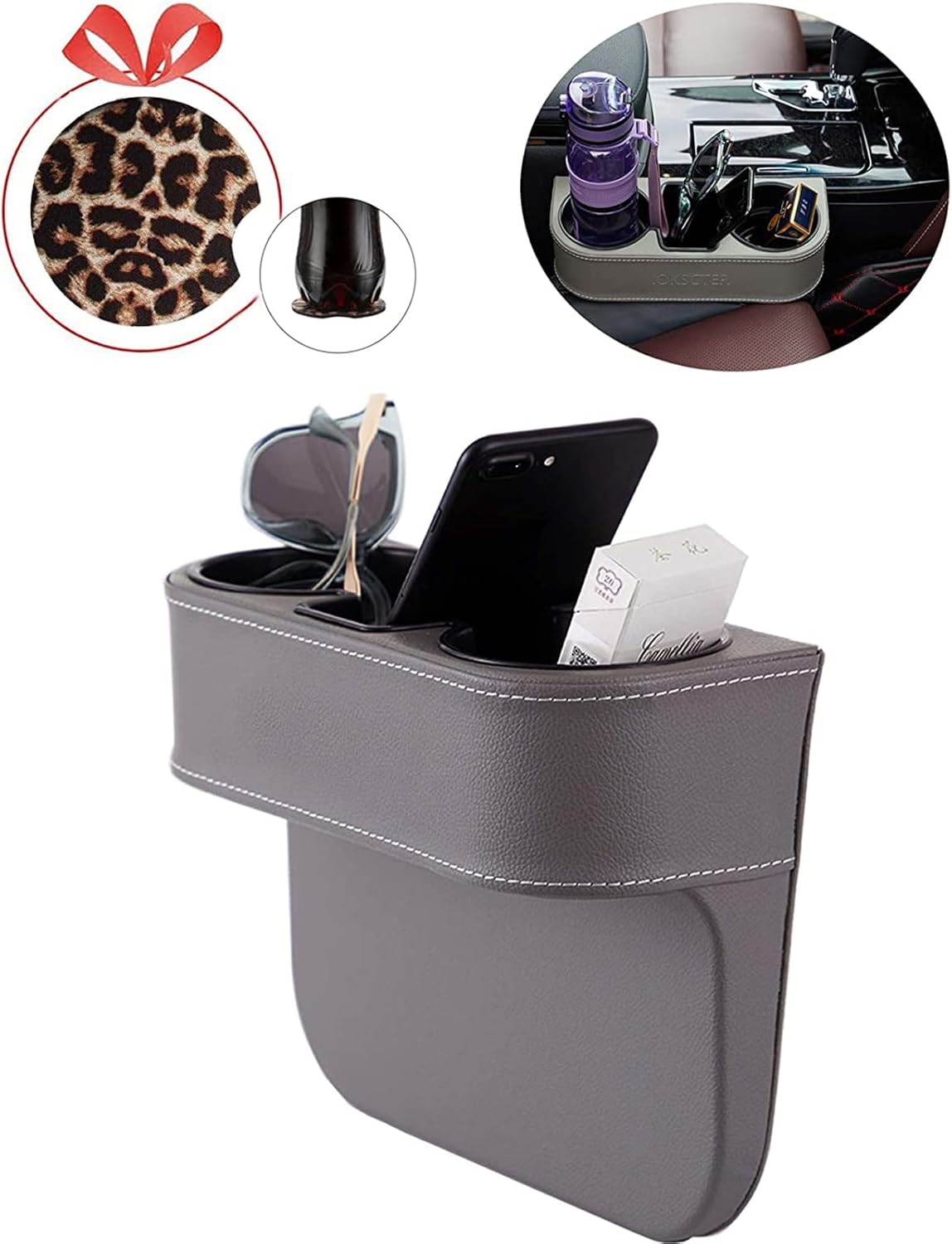 Car Console Side Seat Gap Organizer with Cup Holder, Black | Front Seat Organizer, Console Side Pocket, Cell Phone Holder, Coin Bucket, Car Storage Box, Universal Fits, Easy Installation
