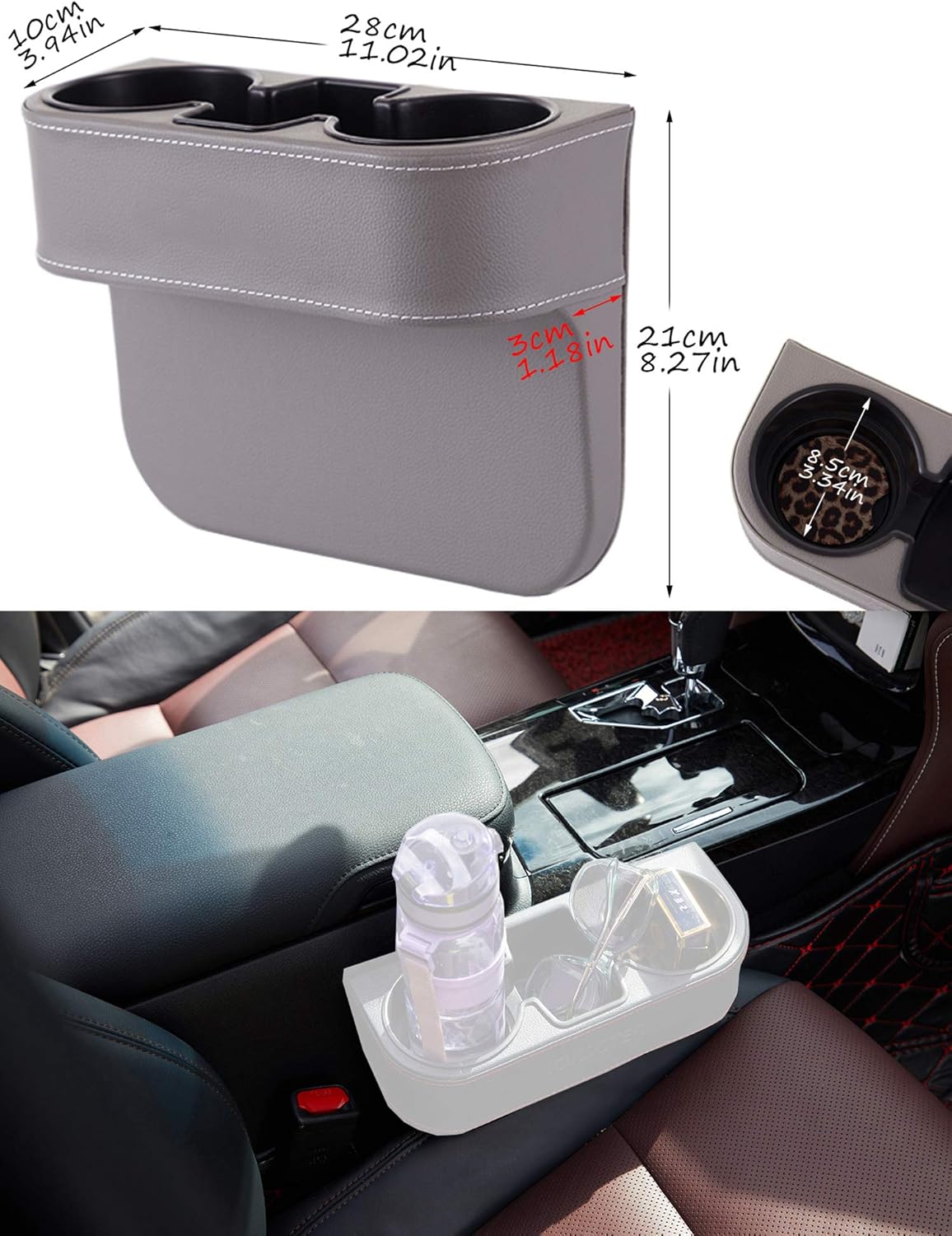 Car Console Side Seat Gap Organizer with Cup Holder, Black | Front Seat Organizer, Console Side Pocket, Cell Phone Holder, Coin Bucket, Car Storage Box, Universal Fits, Easy Installation