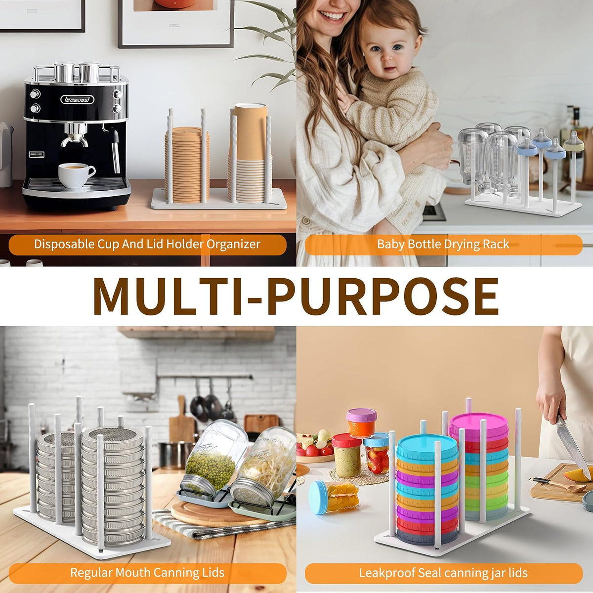 Adjustable Tumbler Lid Organizer - Holds up to 16 Lids, Disposable Cup and Lid Holder, Baby Bottle Drying Racks, Mason Jar Lids Holder,Clutter-Free Kitchen Cabinets,ABS Plastic