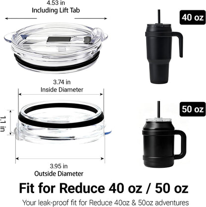 40 oz for Reduce Tumbler Lid Replacement, 2-Pack for 40oz 50oz, Leak-Proof Push-On Flip Straw Lid & Cleaning Brush, BPA-Free Spill Proof, Fits Tumblers with ~3.7" ID