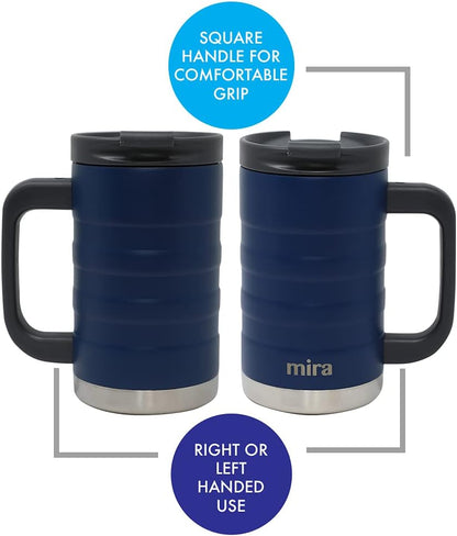 14 oz Insulated Coffee Mug with Handle - Stainless Steel Thermo with Secure Lid - Hot & Cold Cup - Admiral Blue