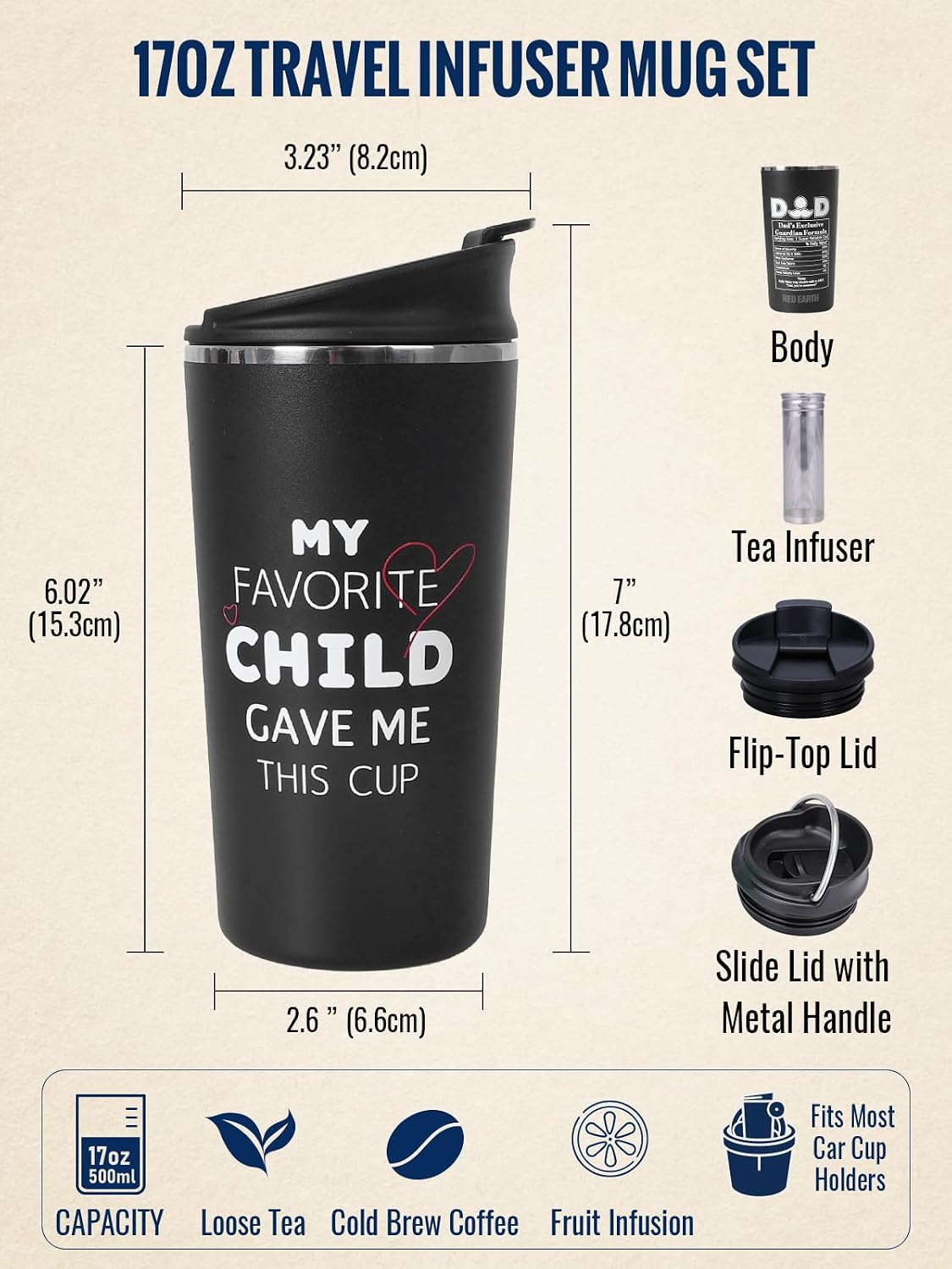 GiNT 17oz Travel Tea Mug with Infuser, 2 Lids. Vacuum Insulated 316 Stainless Steel Coffee Mug. Dishwasher Safe Tea Cup with Strainer for Hot & Cold Brew Coffee. Gifts for Mom, Dad & Friend