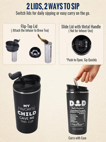 GiNT 17oz Travel Tea Mug with Infuser, 2 Lids. Vacuum Insulated 316 Stainless Steel Coffee Mug. Dishwasher Safe Tea Cup with Strainer for Hot & Cold Brew Coffee. Gifts for Mom, Dad & Friend